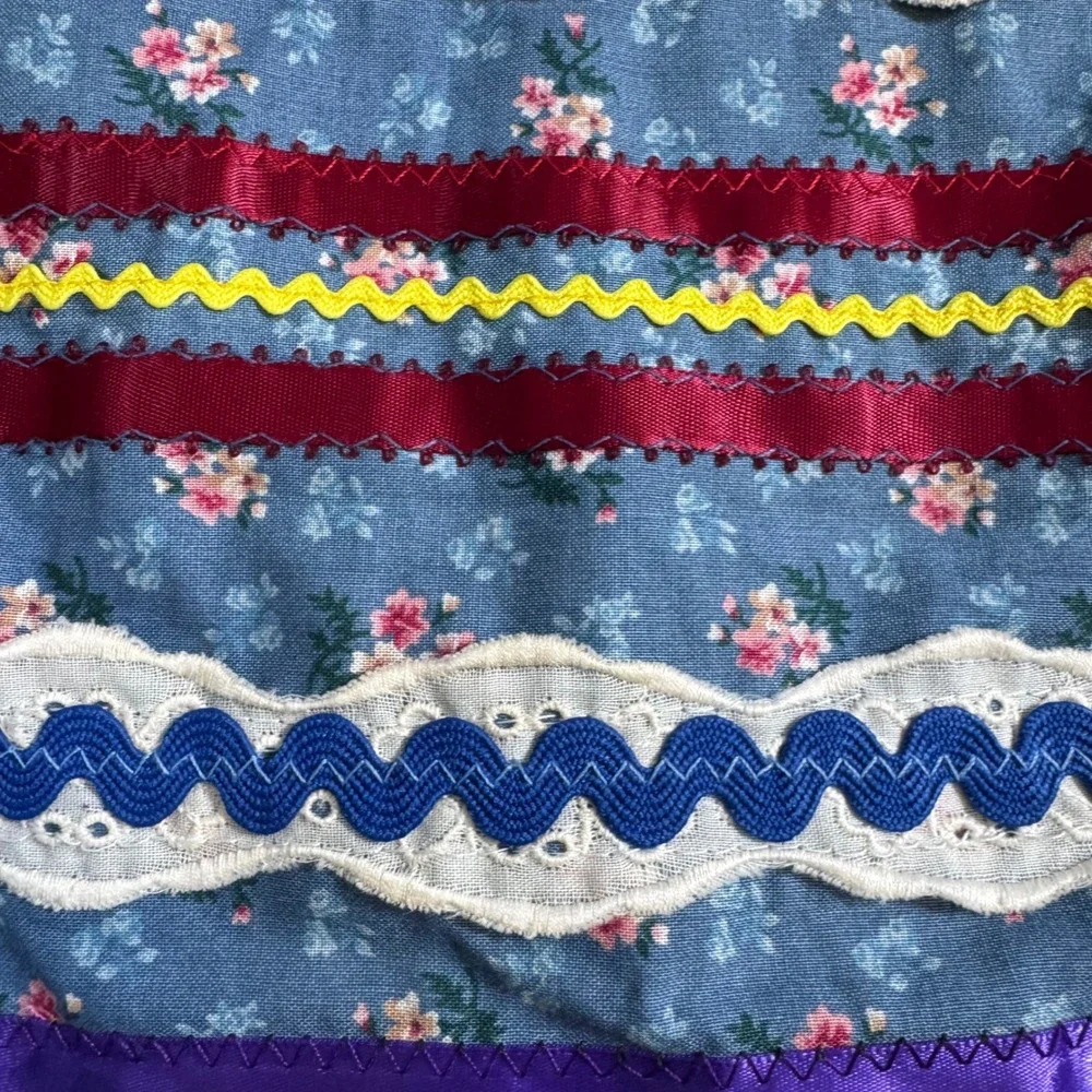 Fiesta Mi Lado Margaret Platt Ribbon Skirt Womens Blue Floral Ric Rac Lace Multi